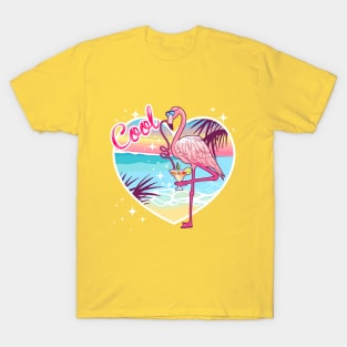 cool flamingo drinks margarita sunset landscape T-Shirt
